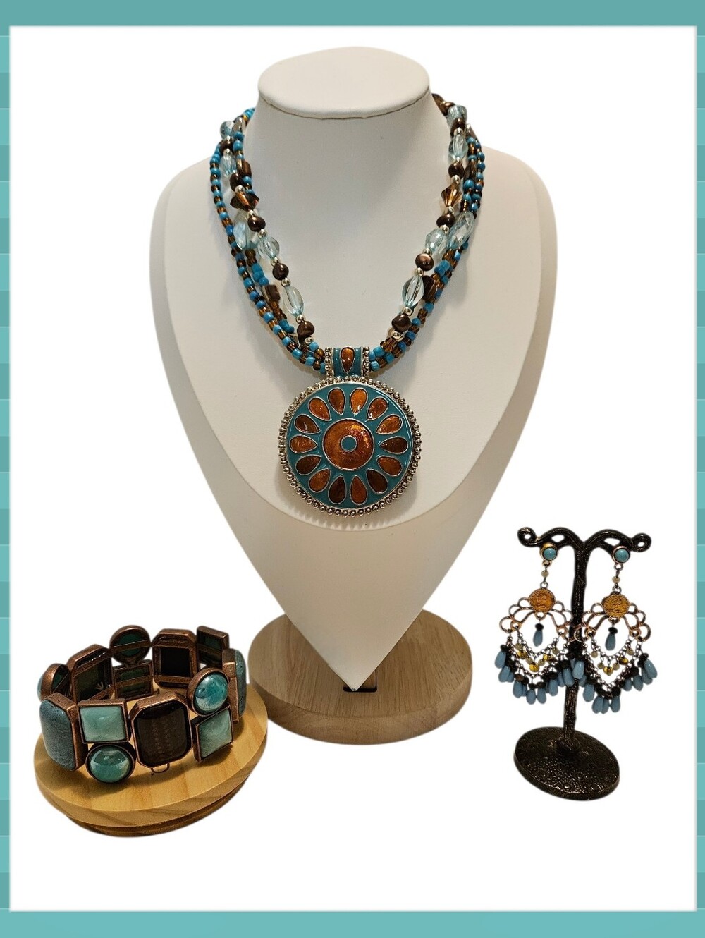 Brass Tone Faux Turqoise Necklace Set- Glass, Stone & Acrylic Mix